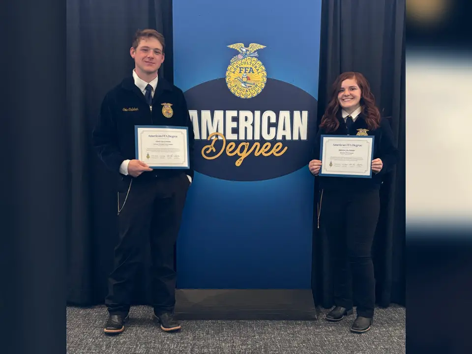 Pictured are Cole Callahan (left) and Brooklyn Frisby (right), local FFA members who were recently honored with American FFA Degrees at the 98th National FFA Convention and Expo. Callahan represented the Jackson High School FFA Chapter and Frisby the Wellston High School FFA Chapter. (Photo Courtesy of Heather Callahan)